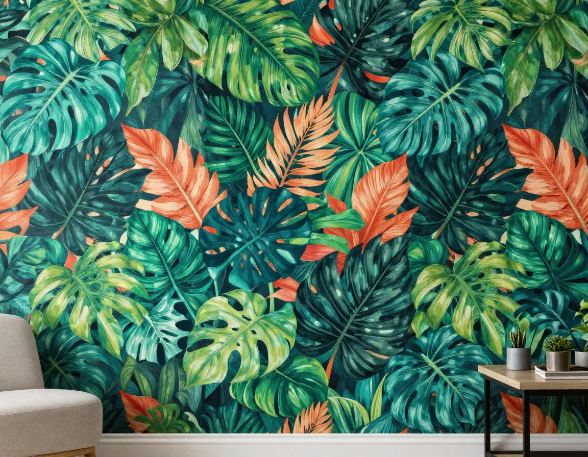 Bold tropical rainforest canopy wallpaper with oversized leaves