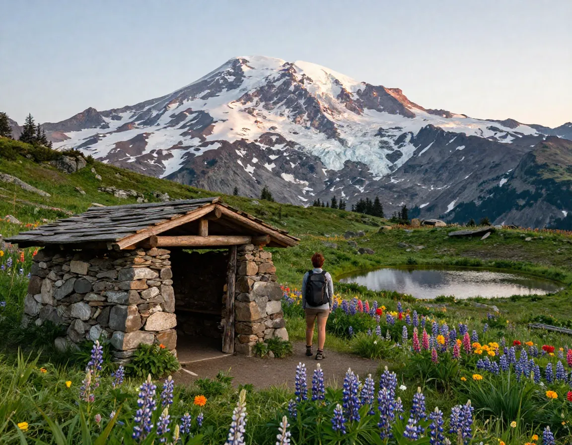 Hiker at stone shelter overlooking mount hood sandy glacier and wildflower meadows