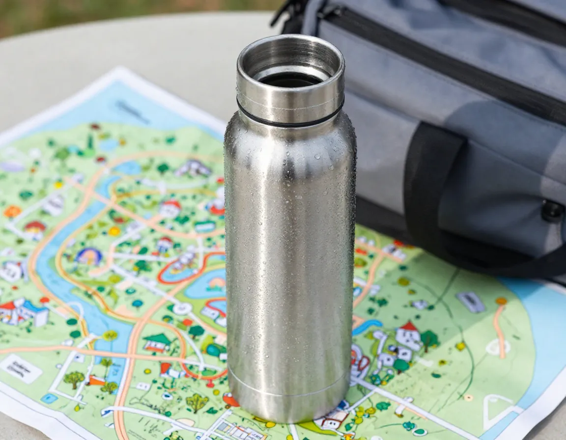 Insulated refillable water bottle with condensation on a park map