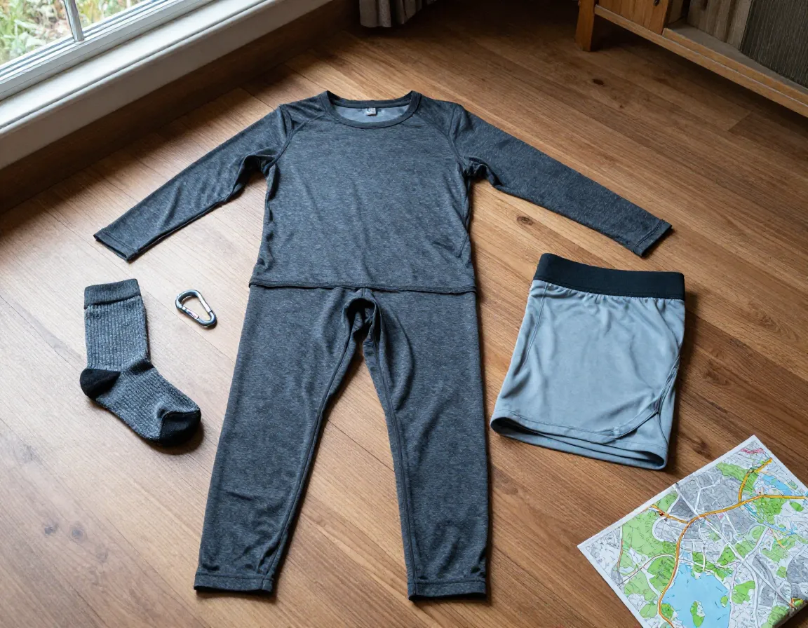 Mid weight thermal base layer bottom laid flat with hiking gear