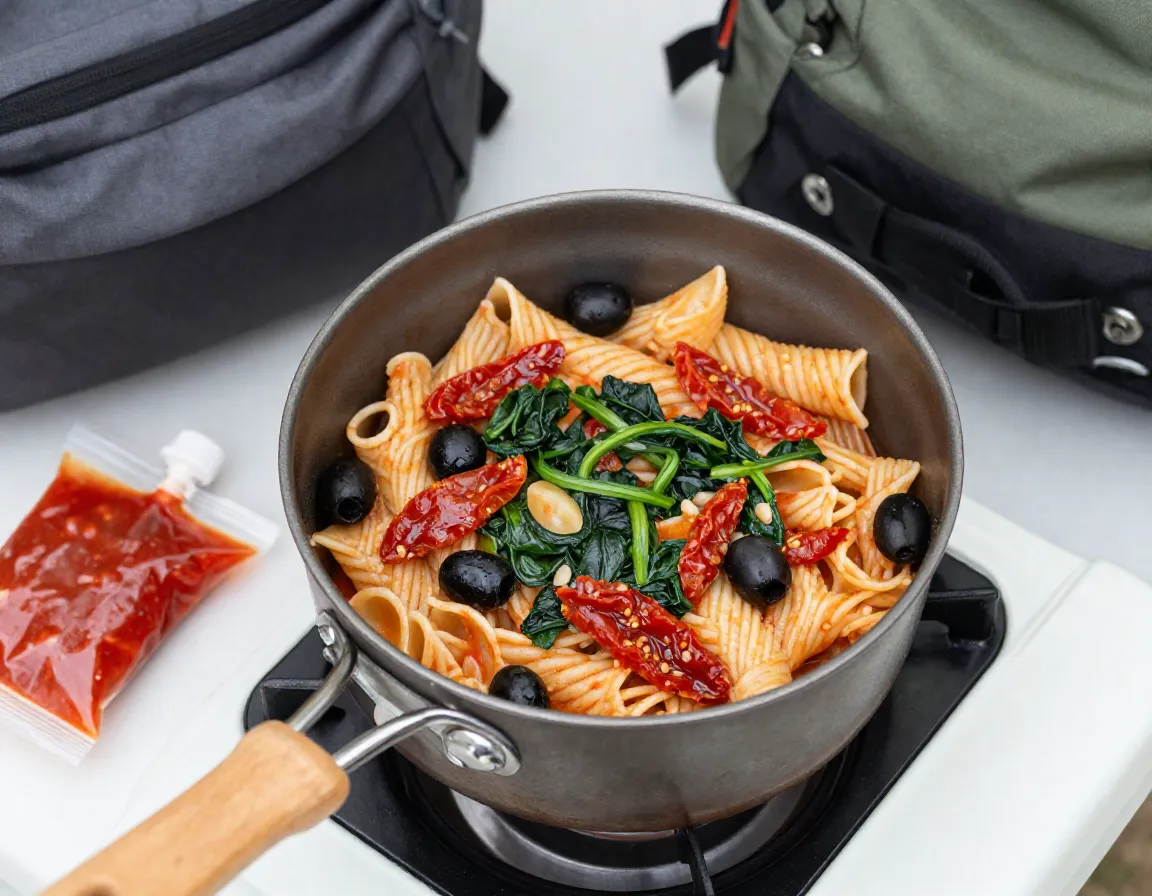 One pot pasta primavera with tomatoes olives spinach marinara sauce