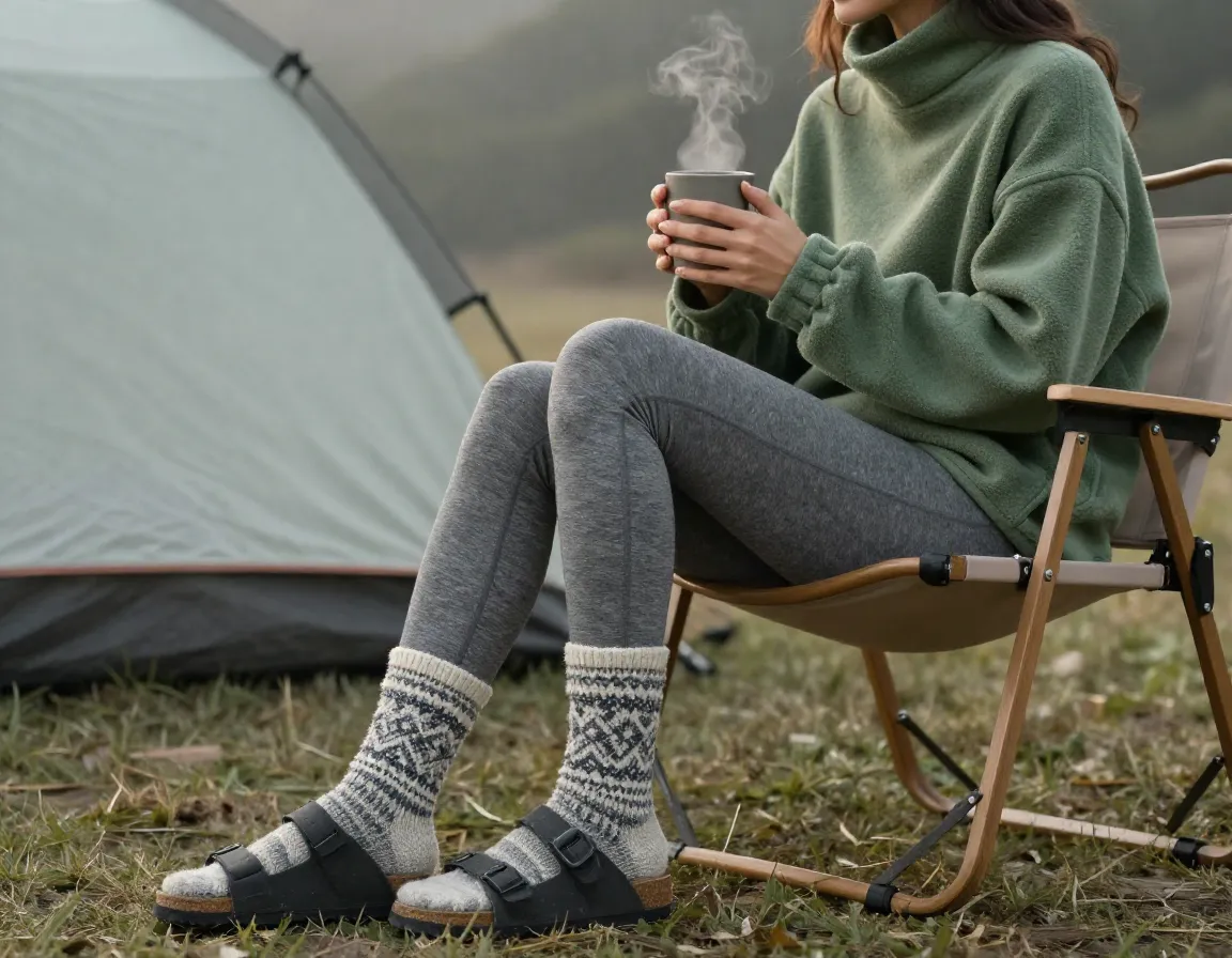 Woman sits camp morning thermal leggings oversized fleece socks