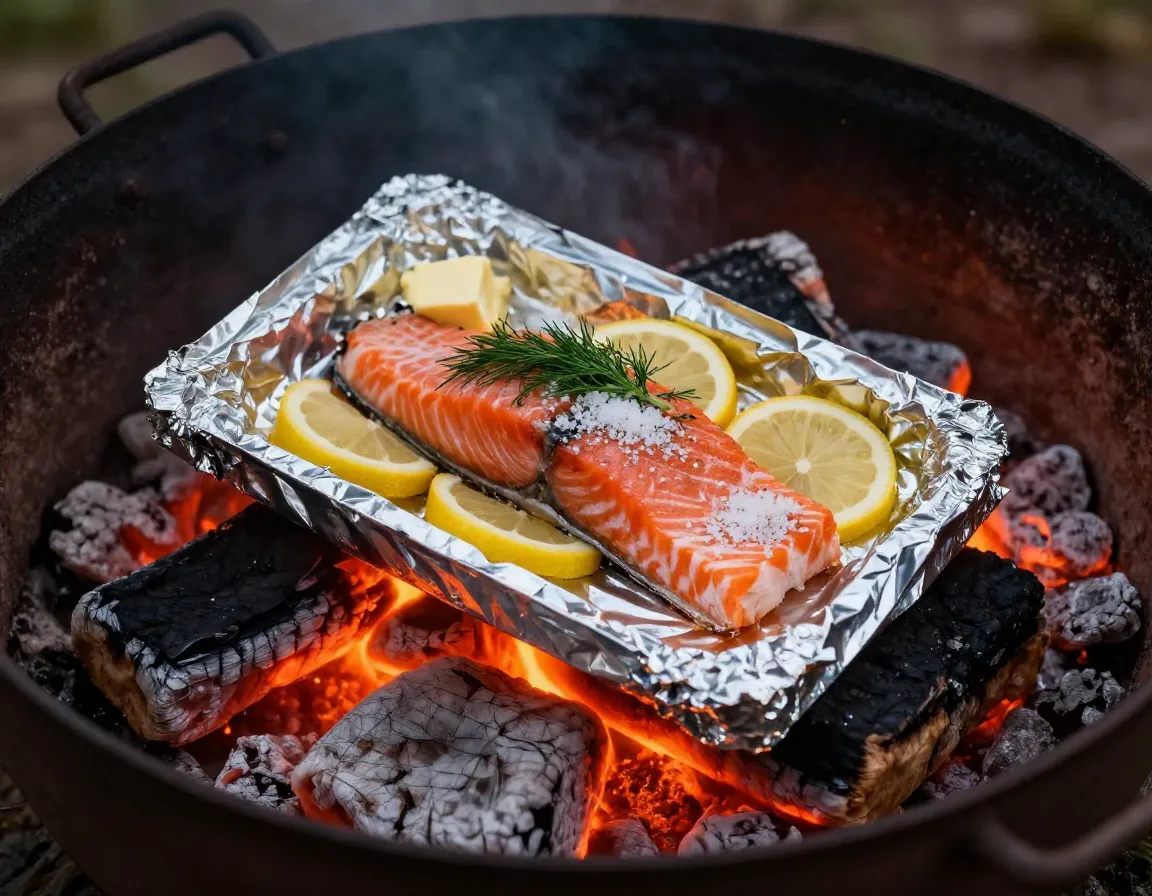Foil packet salmon with lemon dill butter garlic salt on coals