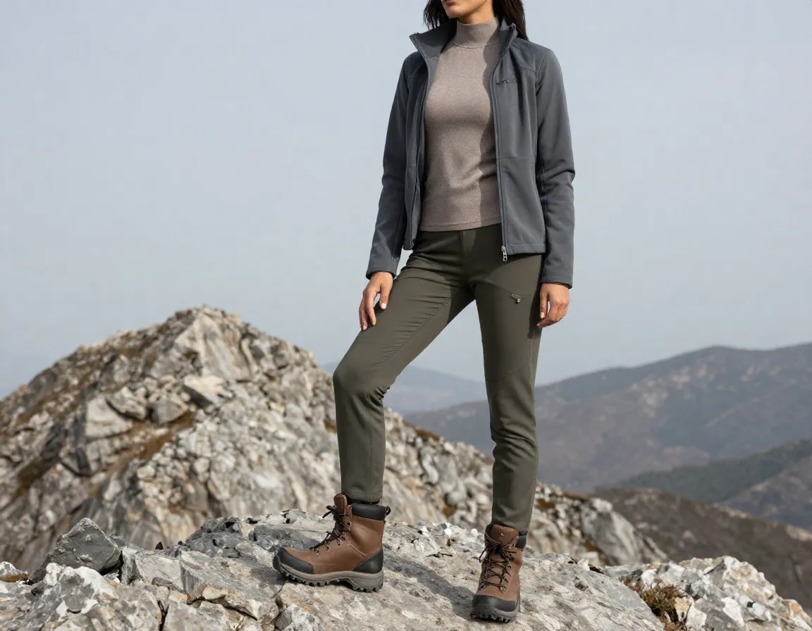 Hiker wears merino base softshell jacket slim pants boots