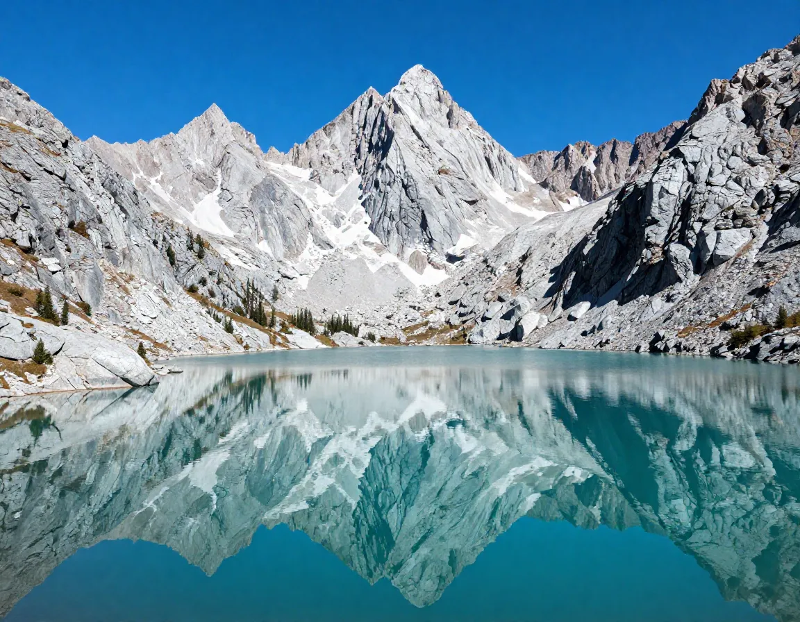 Jagged granite peaks reflected in the crystalline water of ice lake