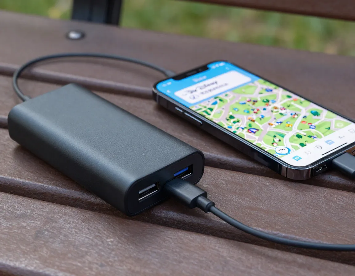 Portable power bank charging a smartphone with disney app
