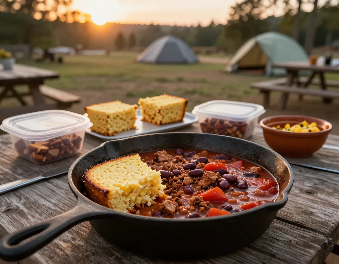 Campfire chili served with cornbread in cast iron skillet
