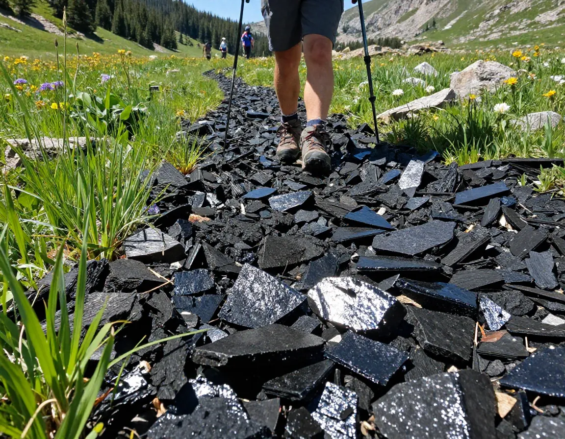 Hiker walking through a field of black obsidian glass in green alpine meadow