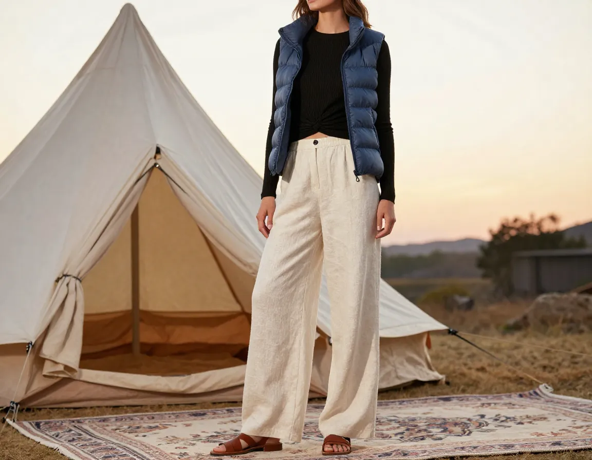 Woman glamps in wide leg linen pants ribbed top down vest