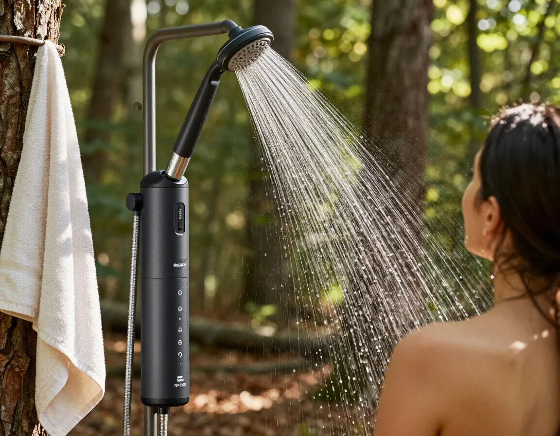 Rinsekit pro with hyperheater portable shower set up in the woods