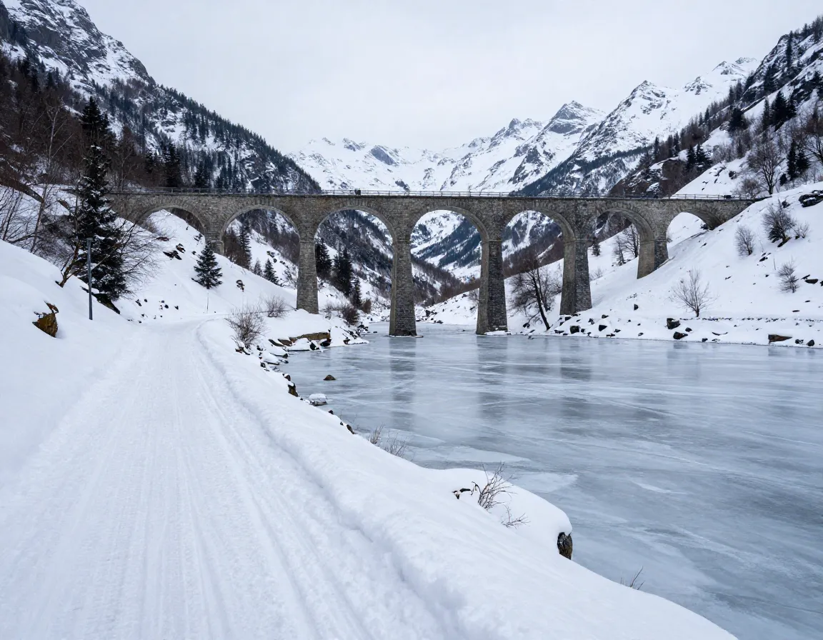 Schanfigg valley long winter trail with viaduct and reservoir
