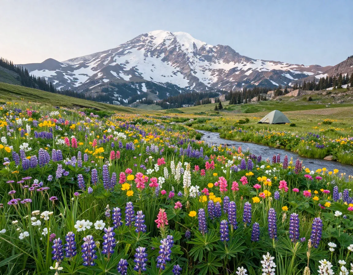 Wildflower filled basin with mount jefferson glaciated summit in background