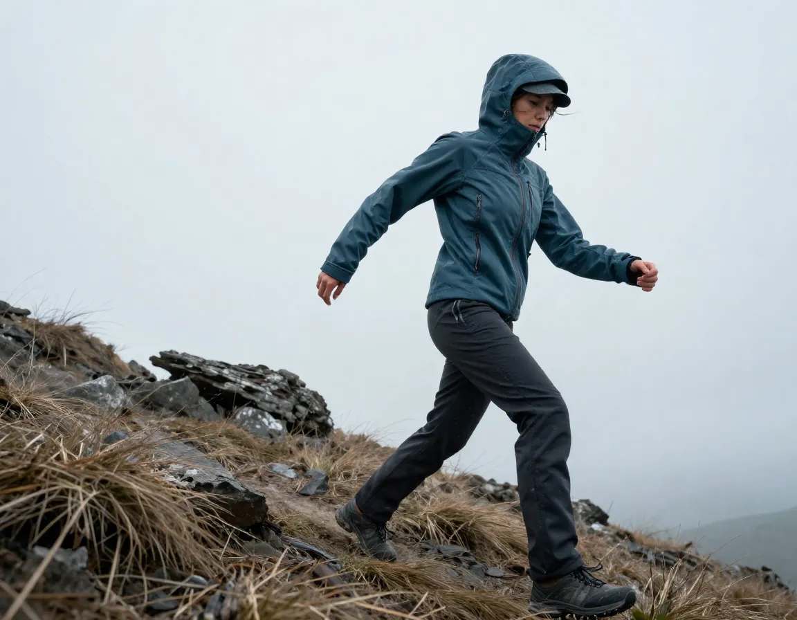 Woman hiking uphill in stretchy softshell jacket on windy ridge