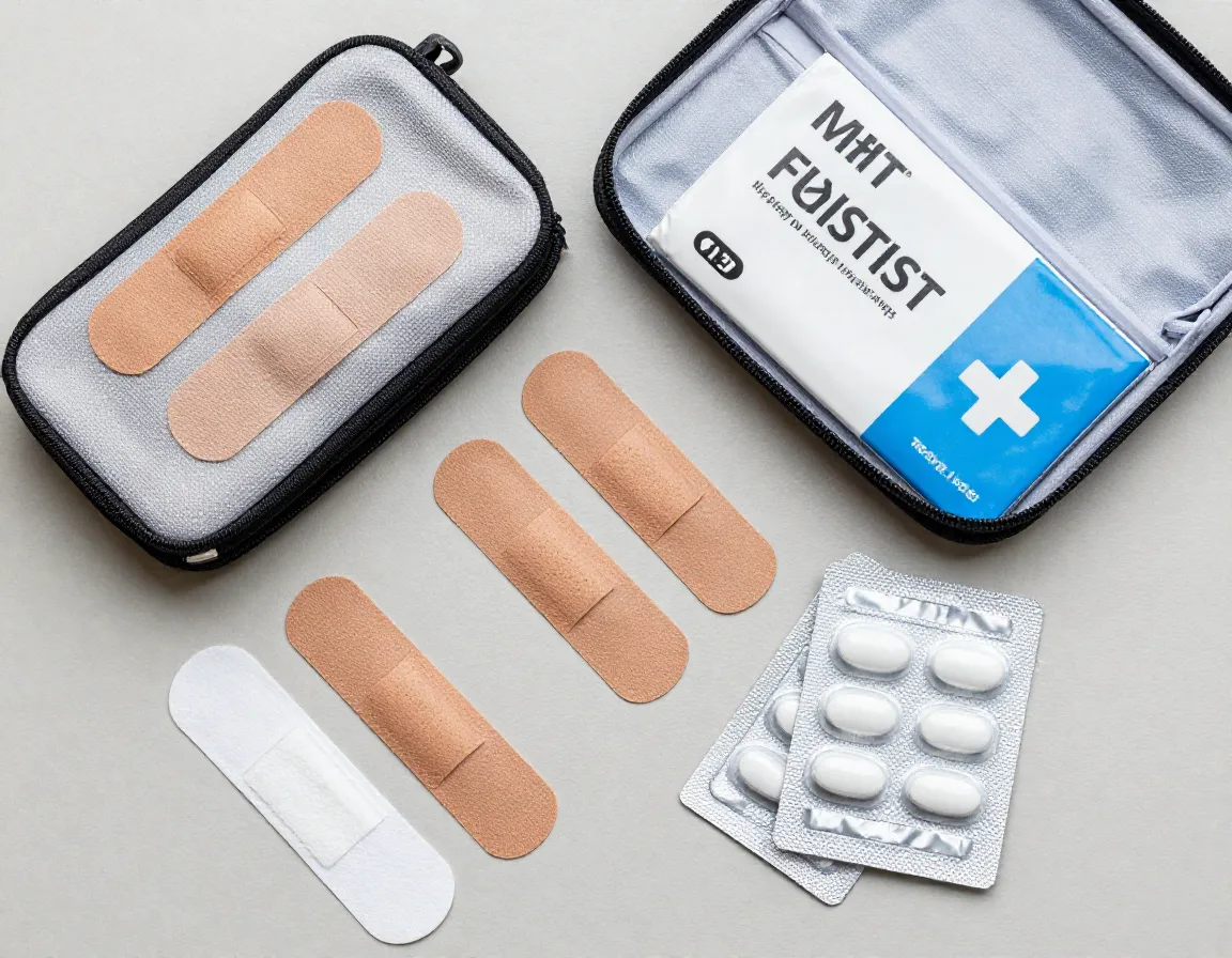 Mini first aid kit contents with bandages and moleskin laid out