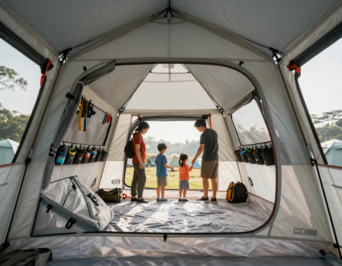 Msr habiscape six person tent with family standing inside