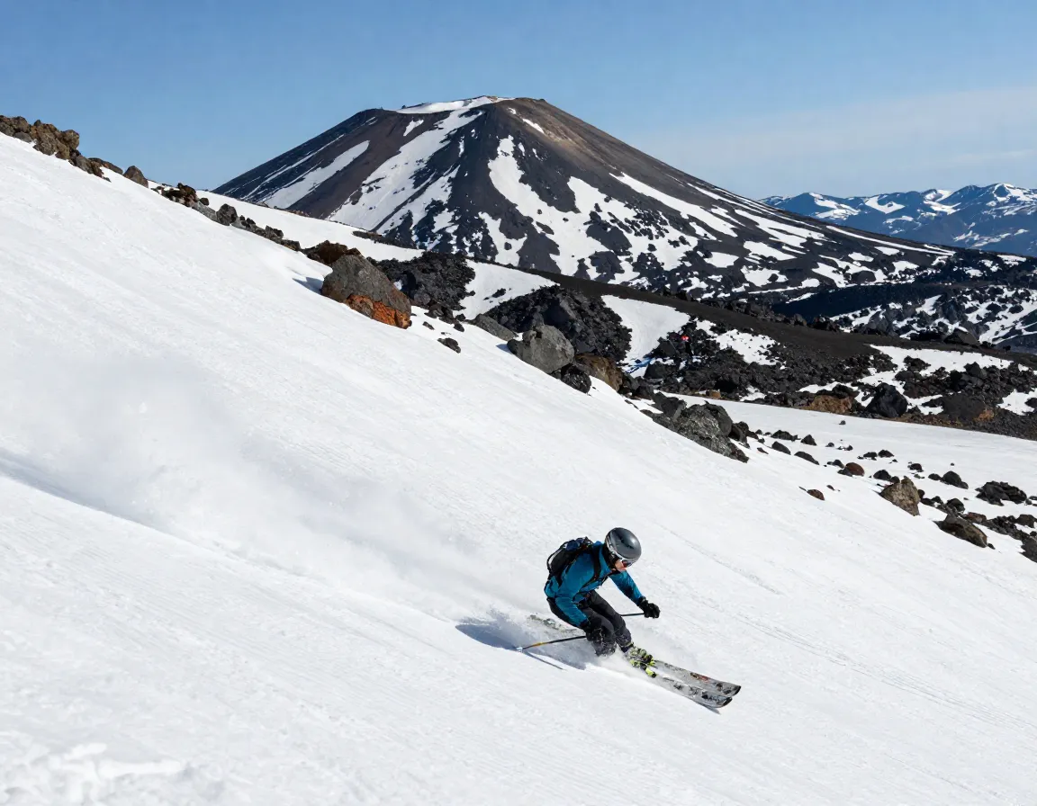 Skier carving turns on spring corn snow slopes of volcanic mount bachelor