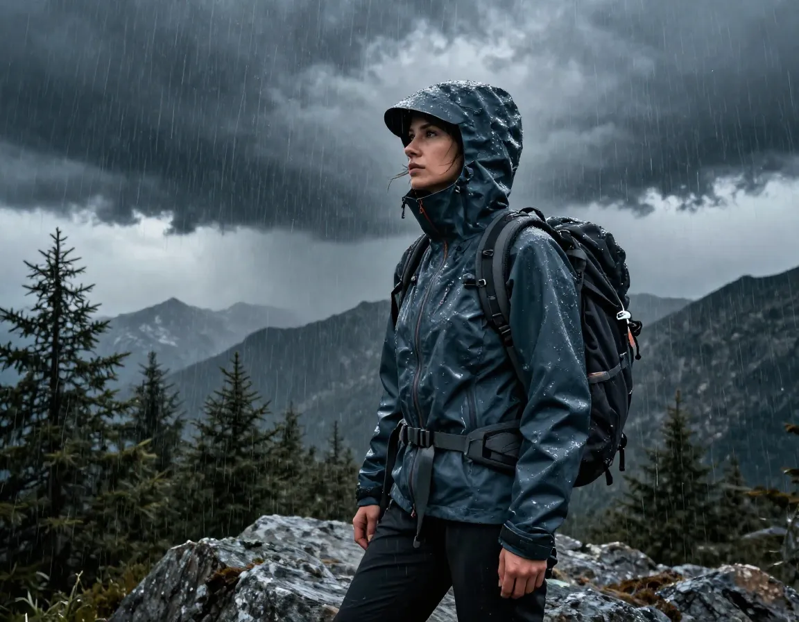 Waterproof hardshell rain jacket woman facing storm above treeline