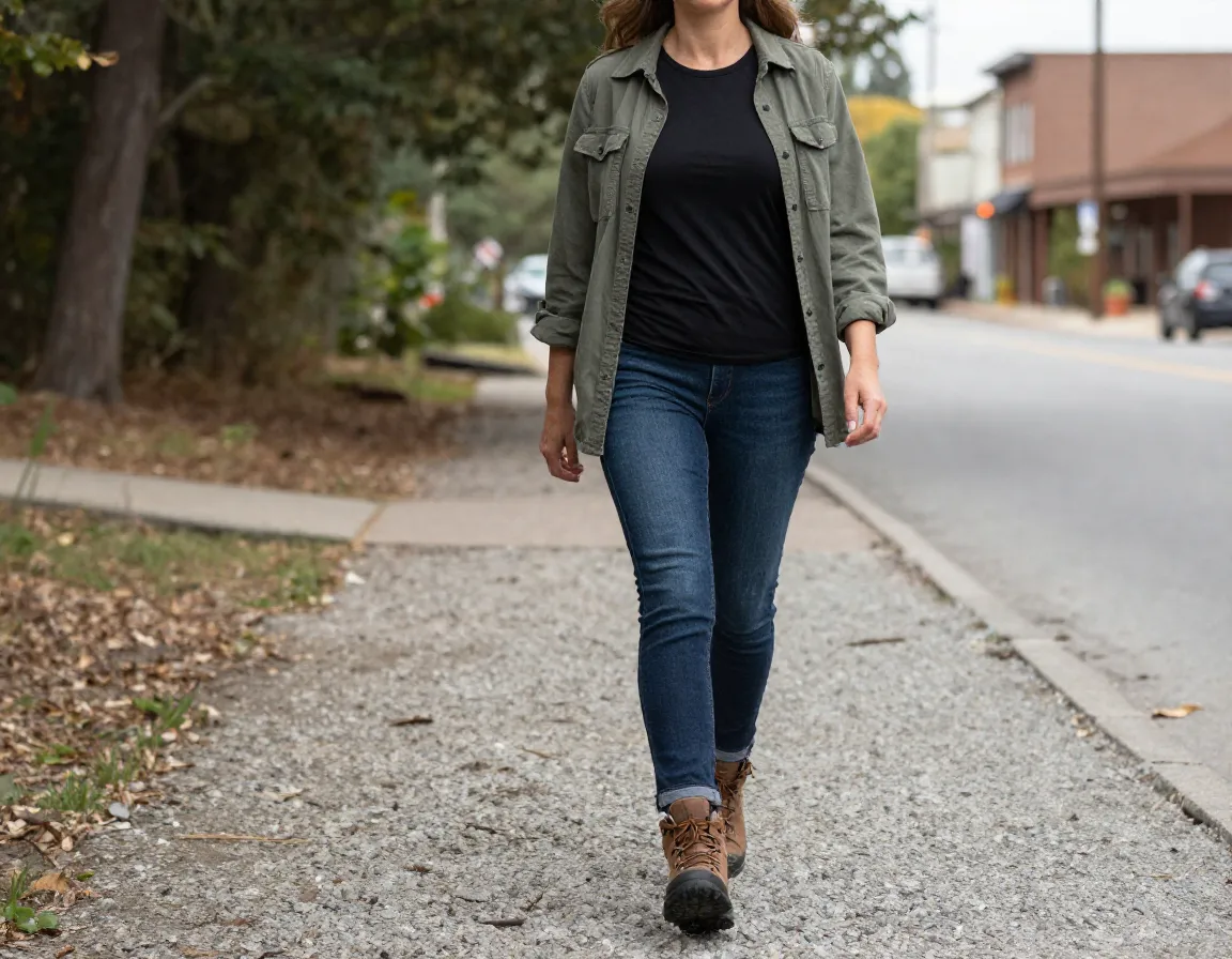 Woman walks trail town dark denim performance tee utility shirt