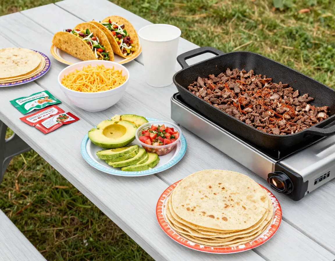 Campfire taco bar with seasoned beef cheese salsa avocado tortillas