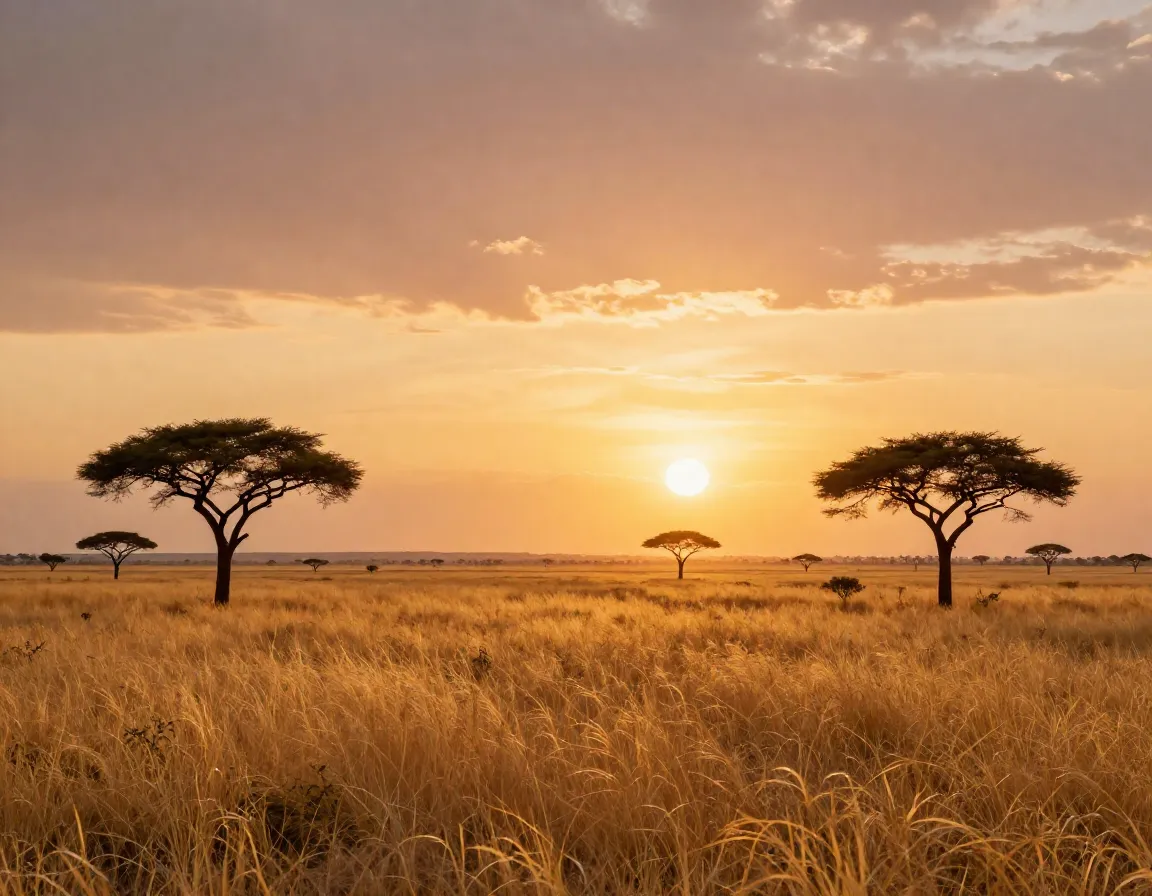 Golden savanna grassland wallpaper at sunset with acacia trees