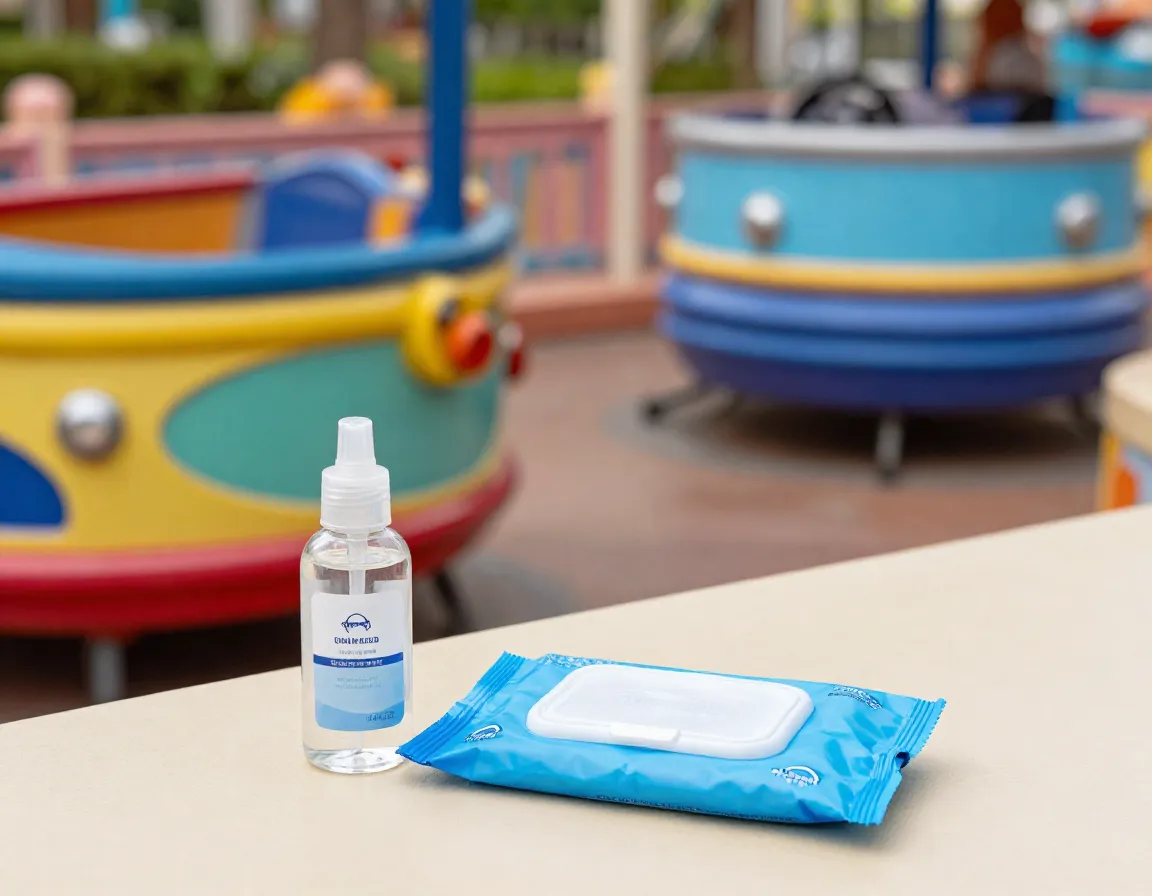 Hand sanitizer and wet wipes pack beside a park ride vehicle