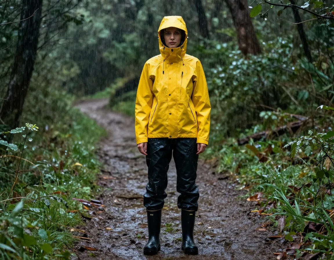 Hiker in yellow rain jacket pants stands wet forest trail