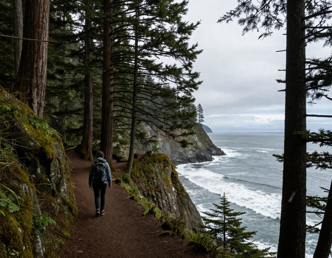 Hiker on cliff edge trail through old growth sitka spruce overlooking pacific ocean