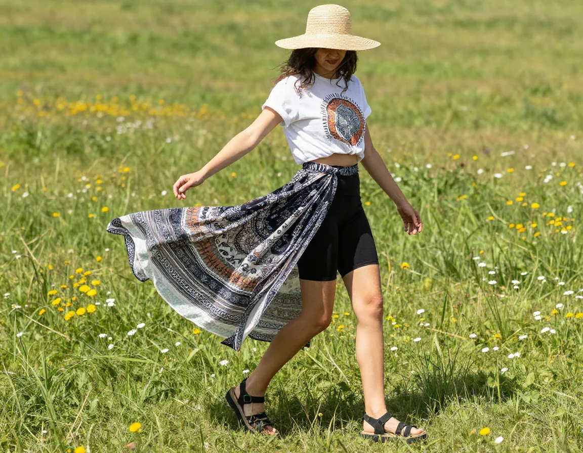 Boho woman in printed wrap skirt graphic tee sandals hat meadow