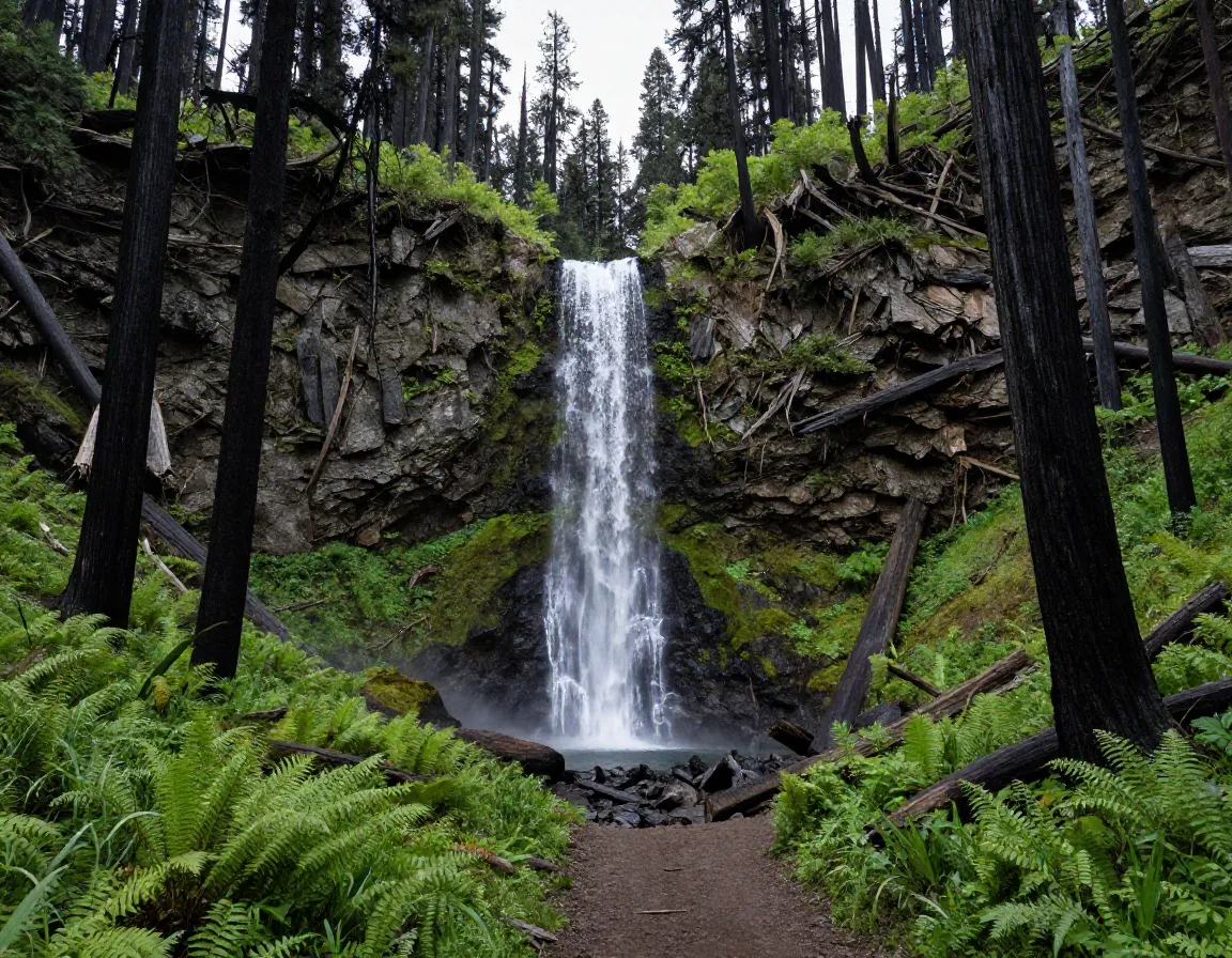 Henline falls cascading before a forest of black snags and vibrant green regrowth