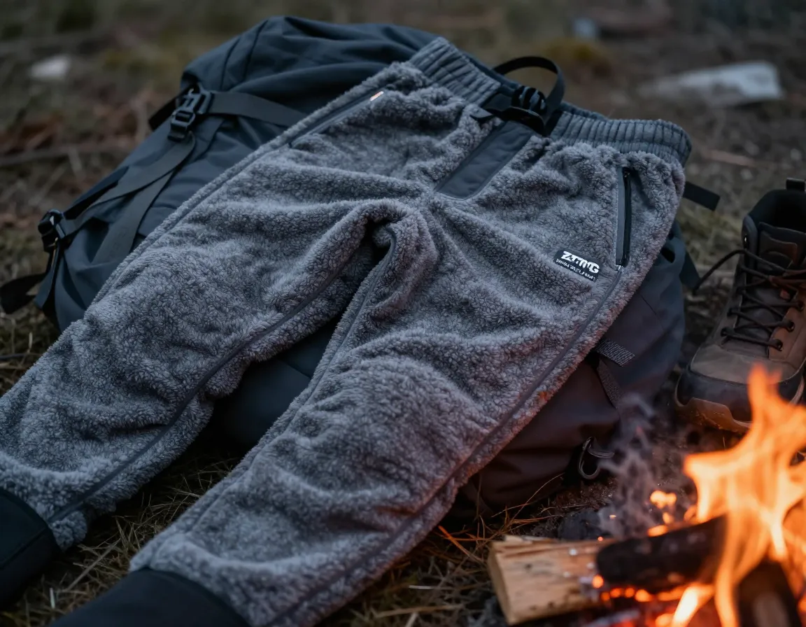 Zero g gear alpha direct fuzzy pants on a backpack by a campfire