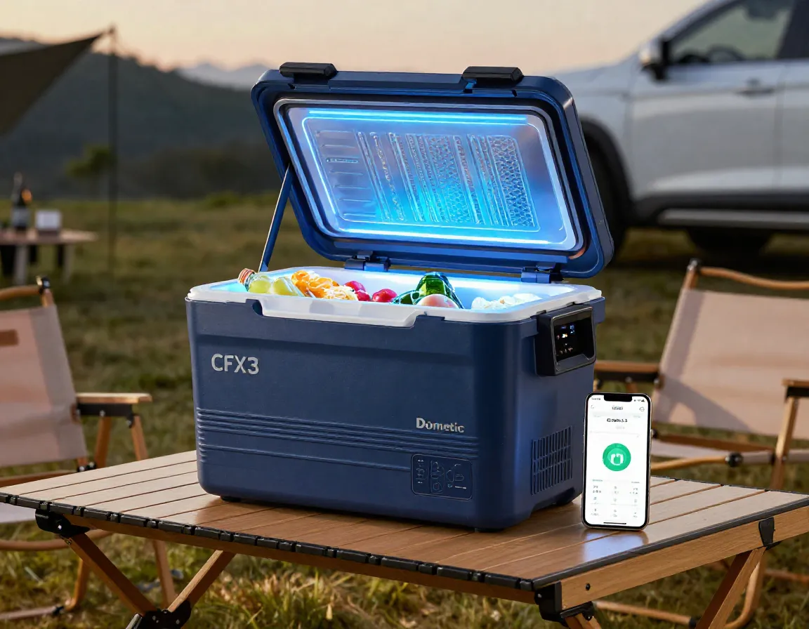 Dometic cfx3 35 powered cooler with app control at a campsite