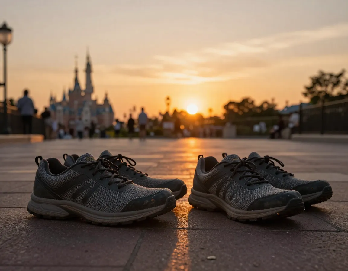 Pair of broken in mesh walking shoes on park pavement at sunset