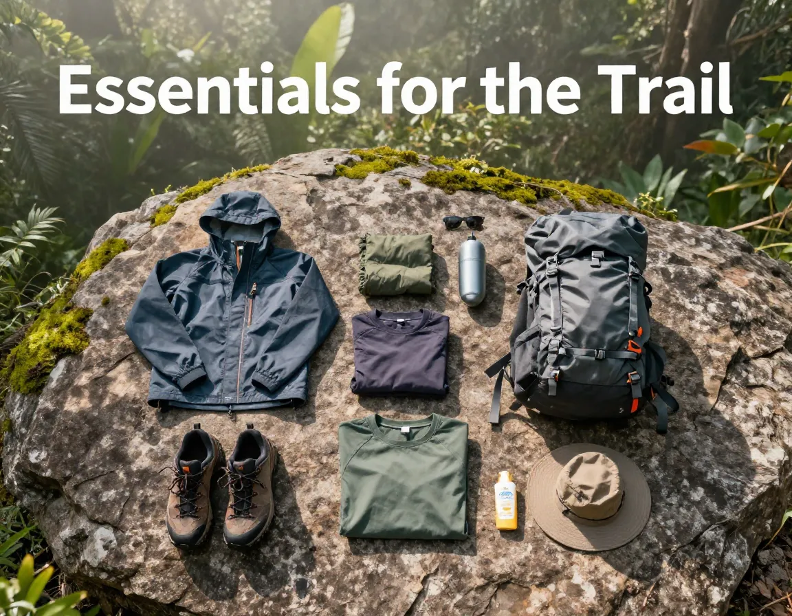 Aerial top down gear essentials rain jacket shoes hydration hiking adventure