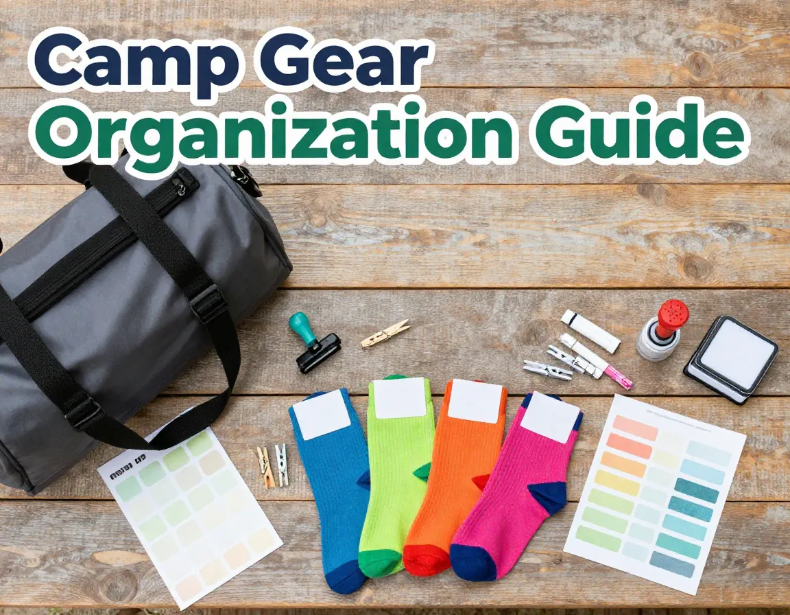 Camp packing labeling duffel socks stamps labels marker clothespins flat lay