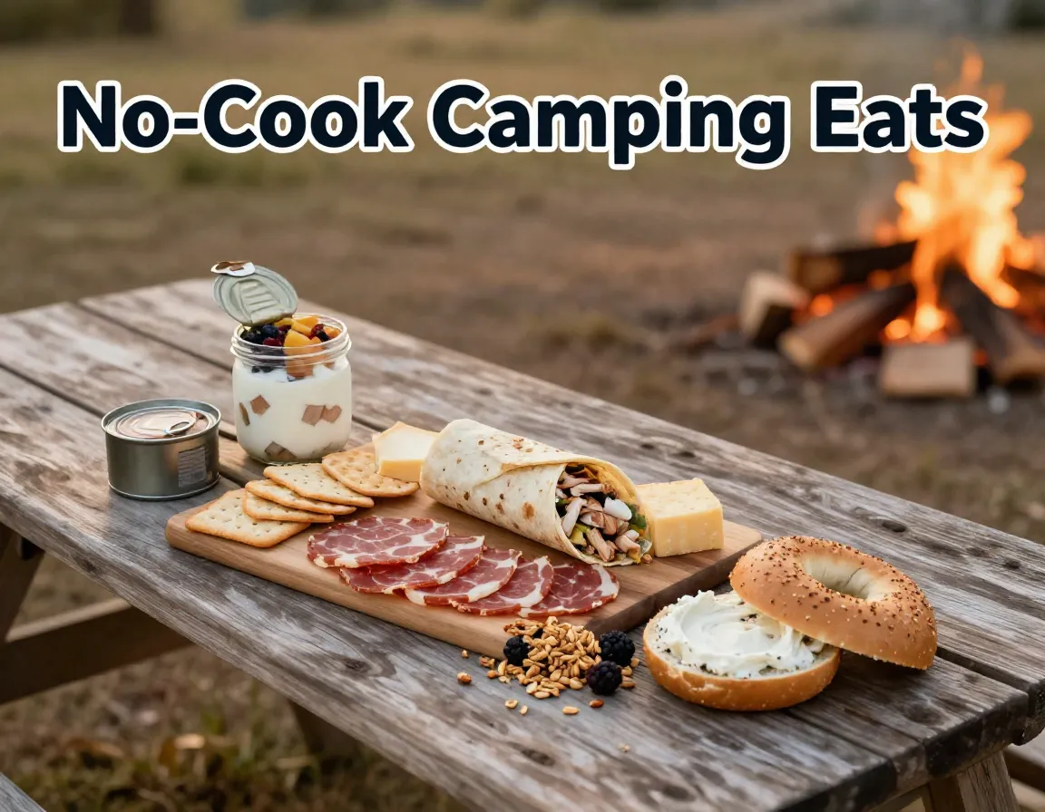 Flat lay campsite picnic ready to eat meals by fire