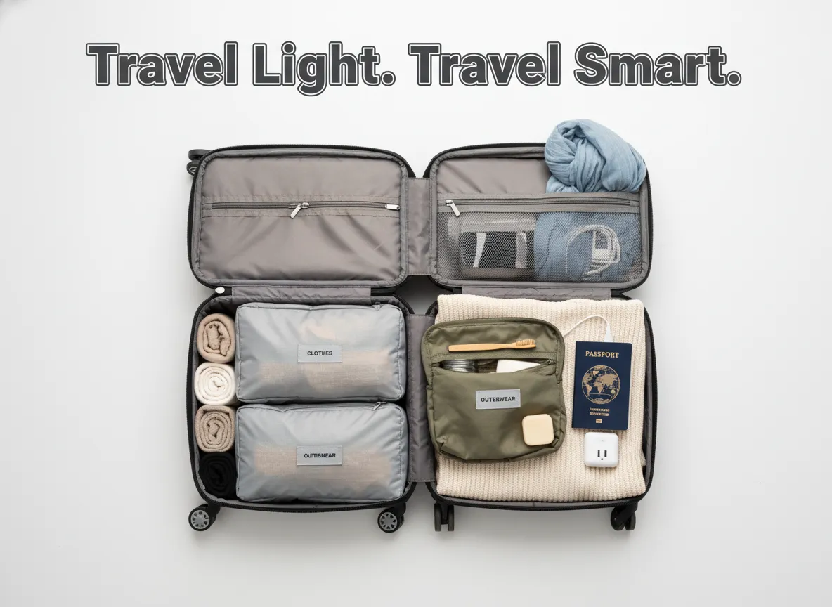 Professional organized packing flat lay carry on suitcase travel essentials