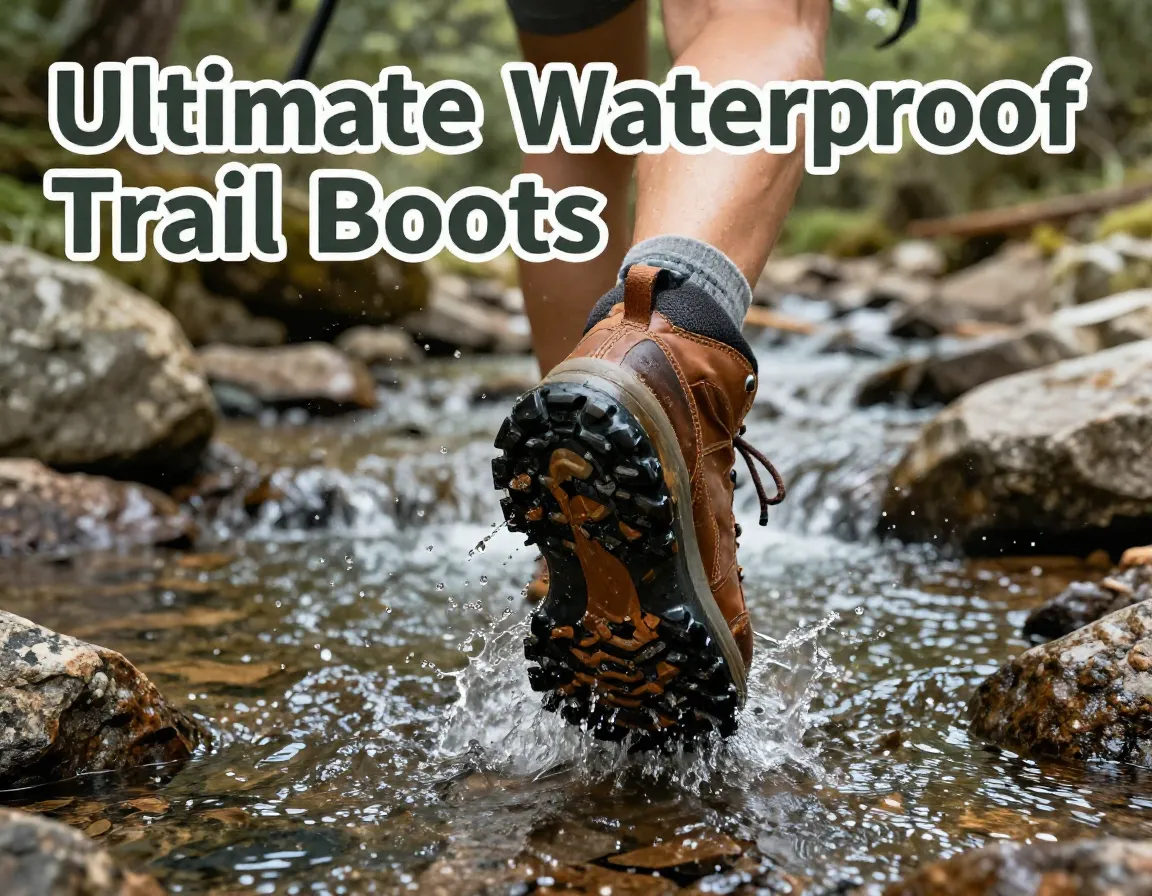 Womens hiking boot splashing through mountain stream water droplets suspended