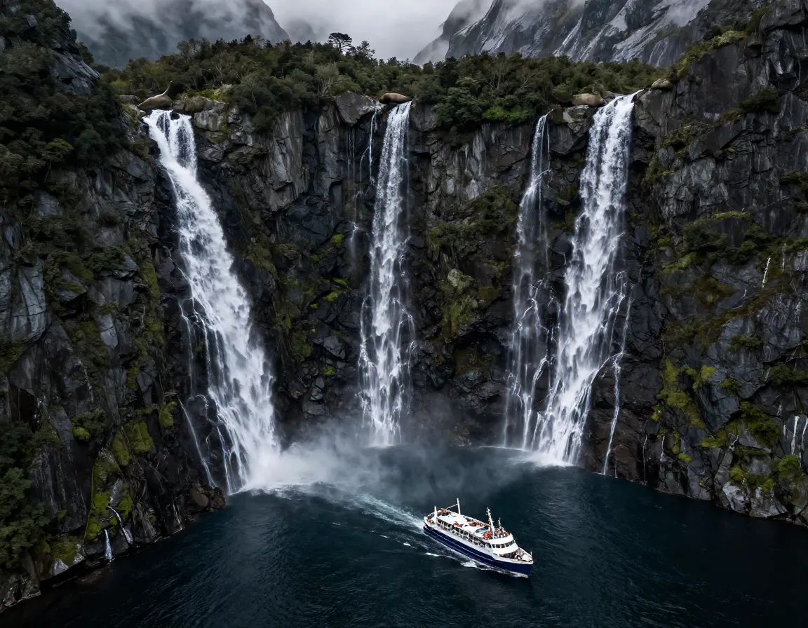 Aerial view of milford sound fjord with cascading waterfalls and scenic cruise boat