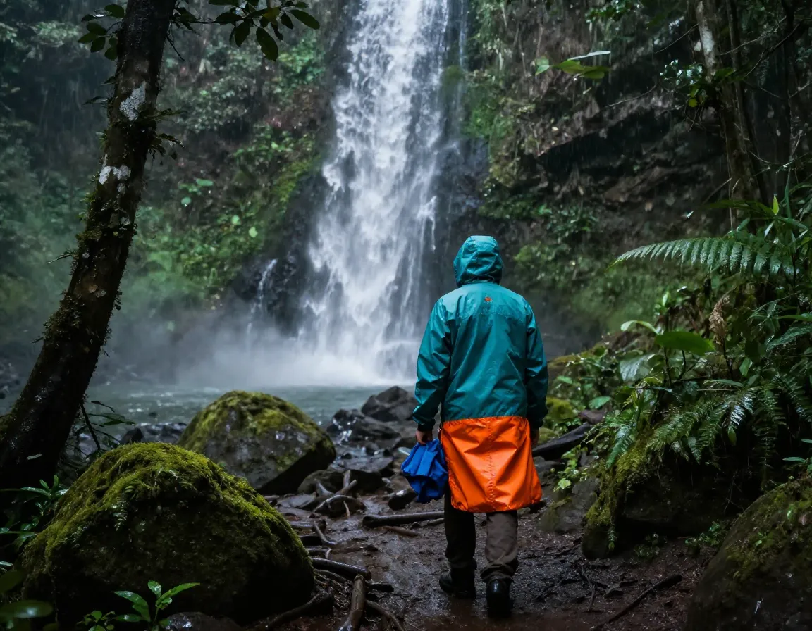 Breathable rain jacket misty jungle waterfall trail hiker