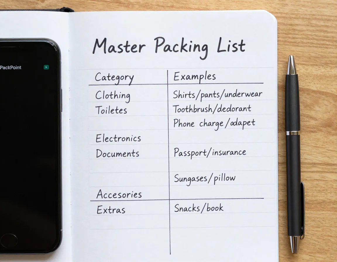 Master packing list notebook table categories examples pen smartphone