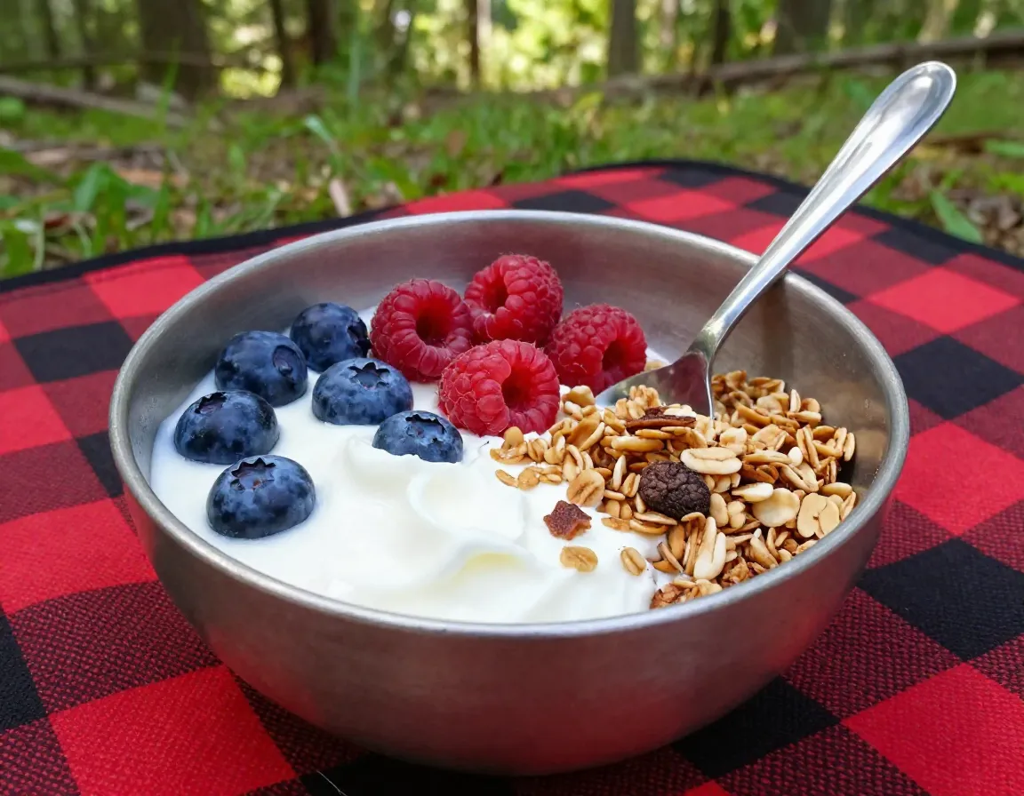 Yogurt with fruit and granola at a sunny campsite morning