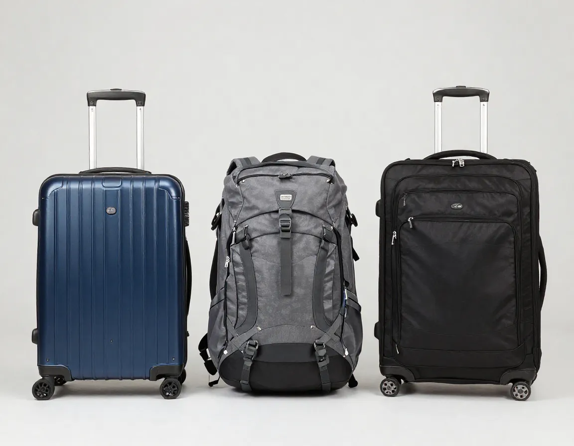 Carryon suitcase backpack checked luggage arranged studio shot