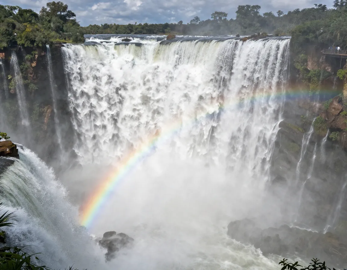 Close up view of powerful devils throat cascade at iguazu falls with rainbow