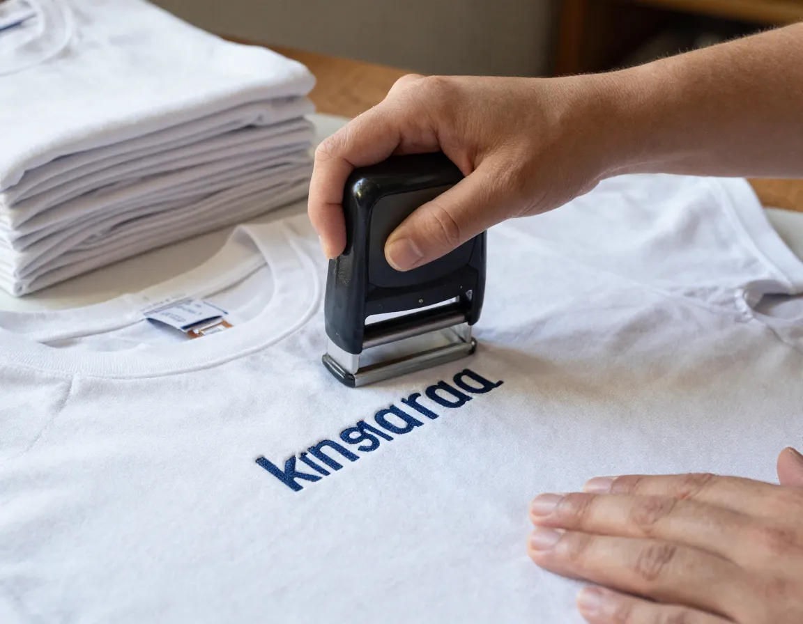 Custom clothing stamp imprinting name on fabric tee