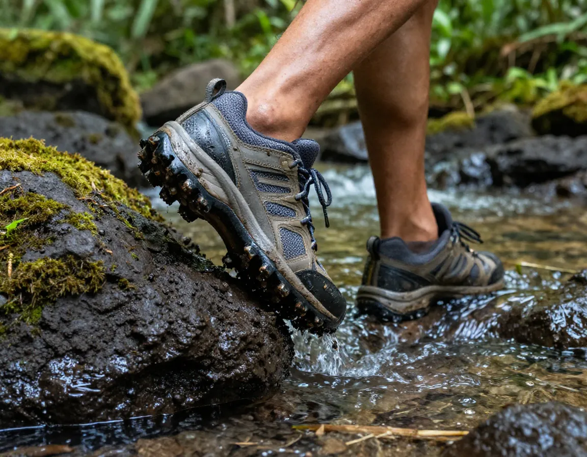 Hiking shoes grip muddy volcanic rock river crossing