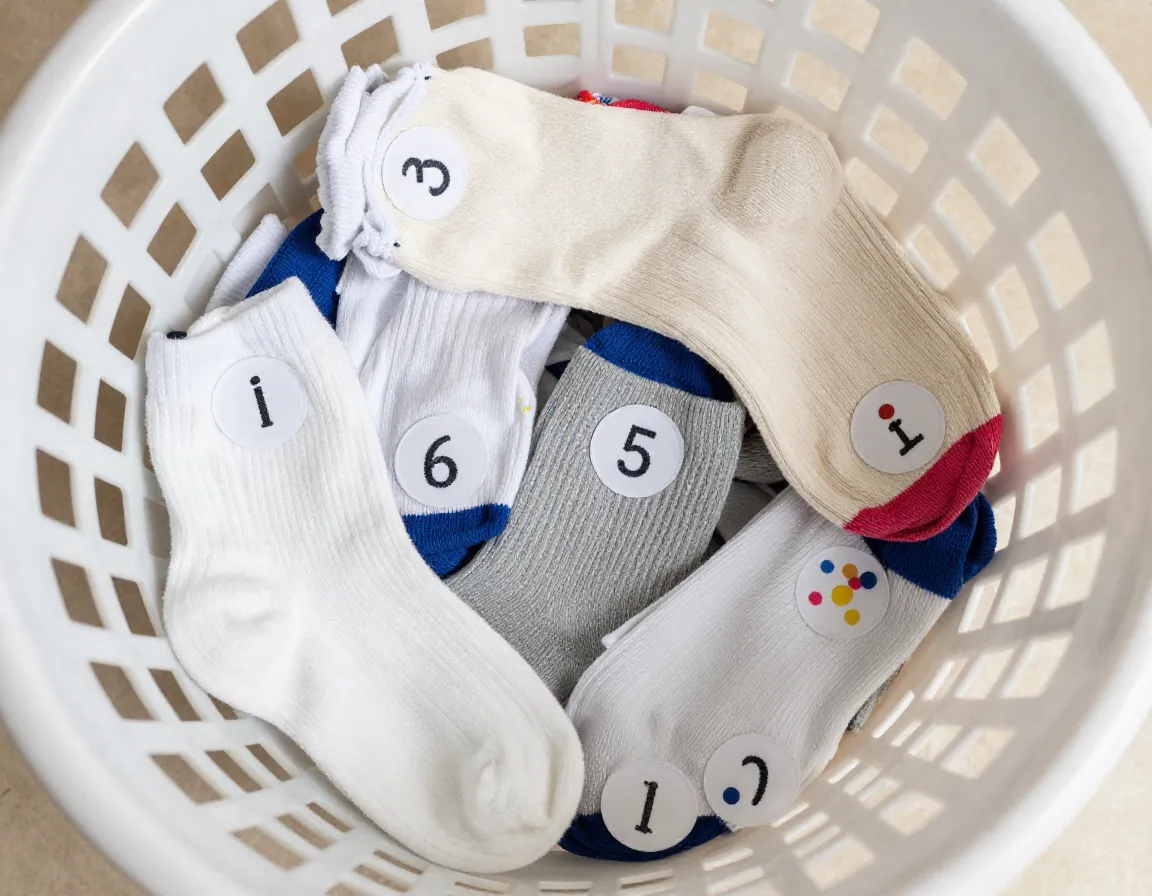Circular initial dot label on sock laundry basket mix