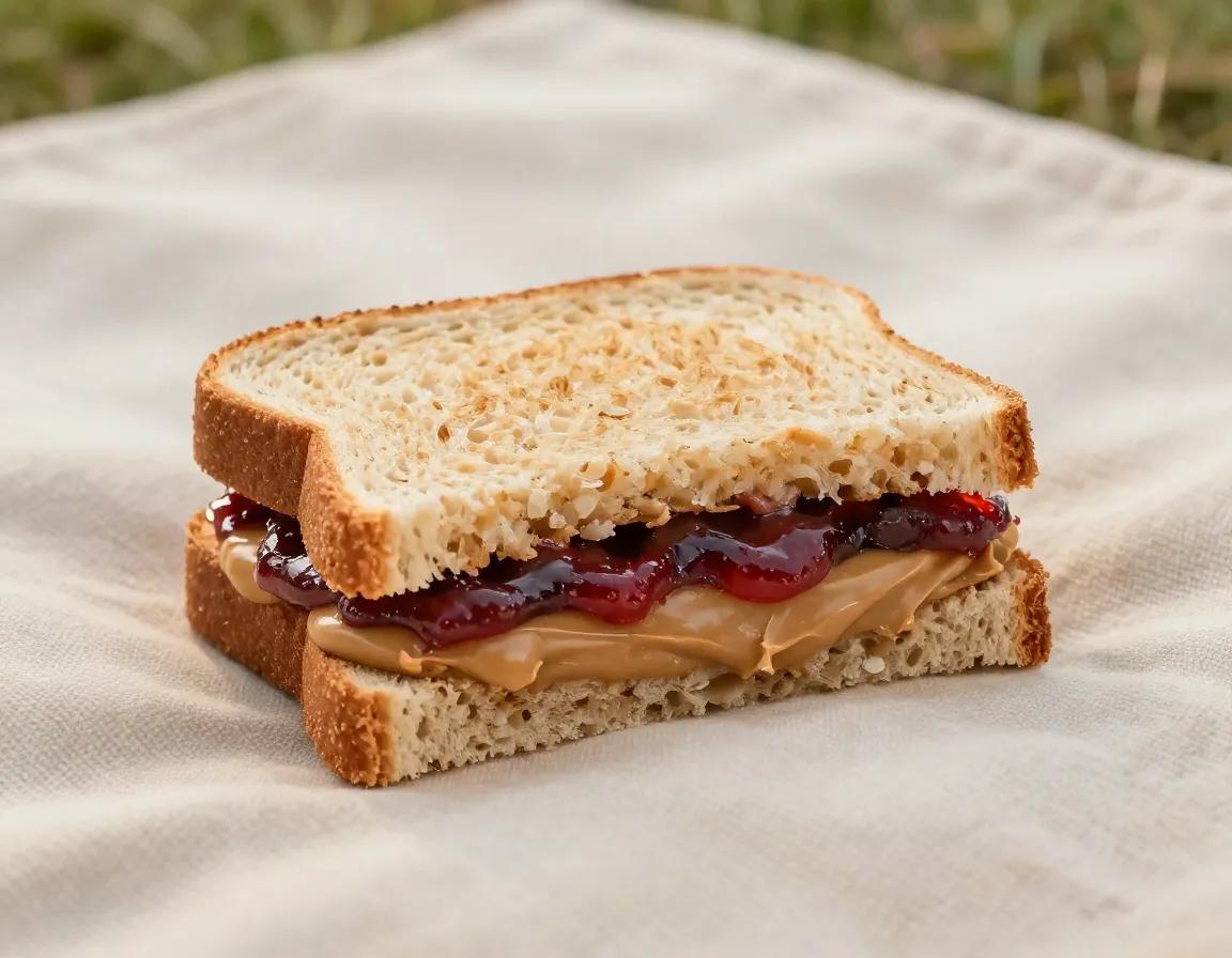 Classic peanut butter and jelly sandwich on a picnic blanket