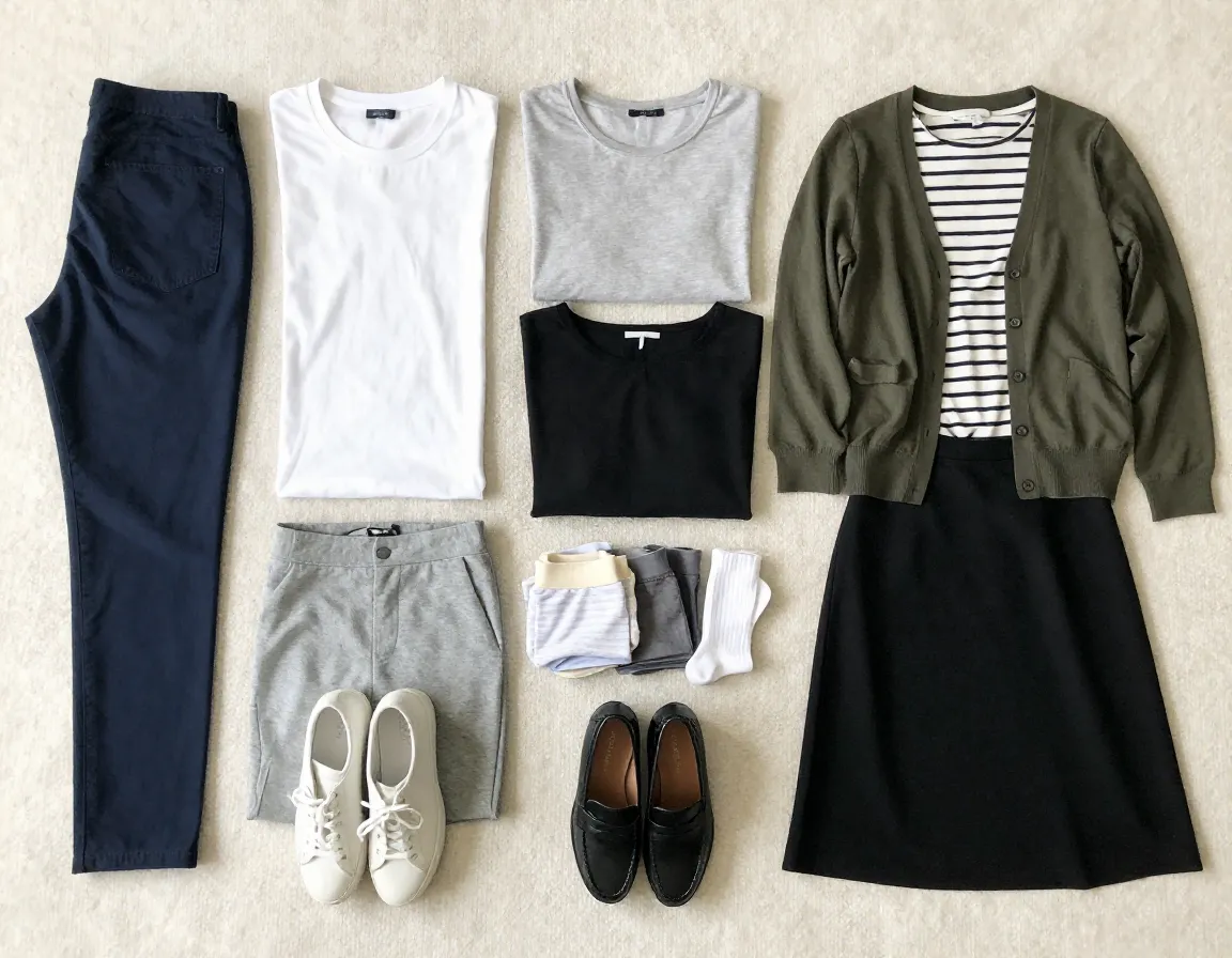 Neutral capsule wardrobe pants tops shoes underwear flat lay