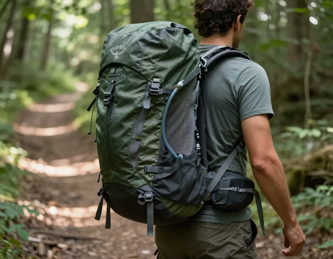 Osprey hikelite 26 daypack on a hikers back on a forest trail