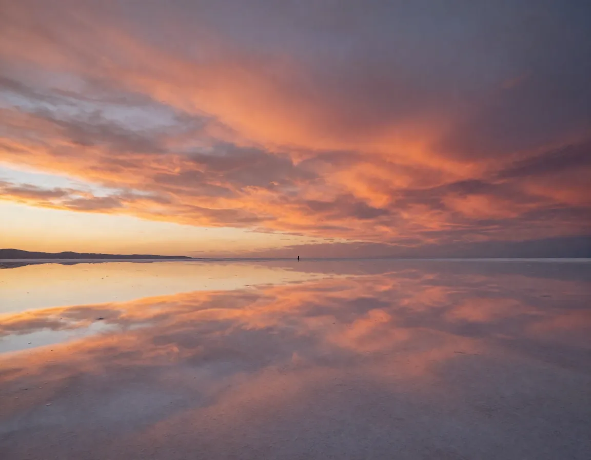 Vast mirror reflection of sky on uyuni salt flats during rainy season at sunset